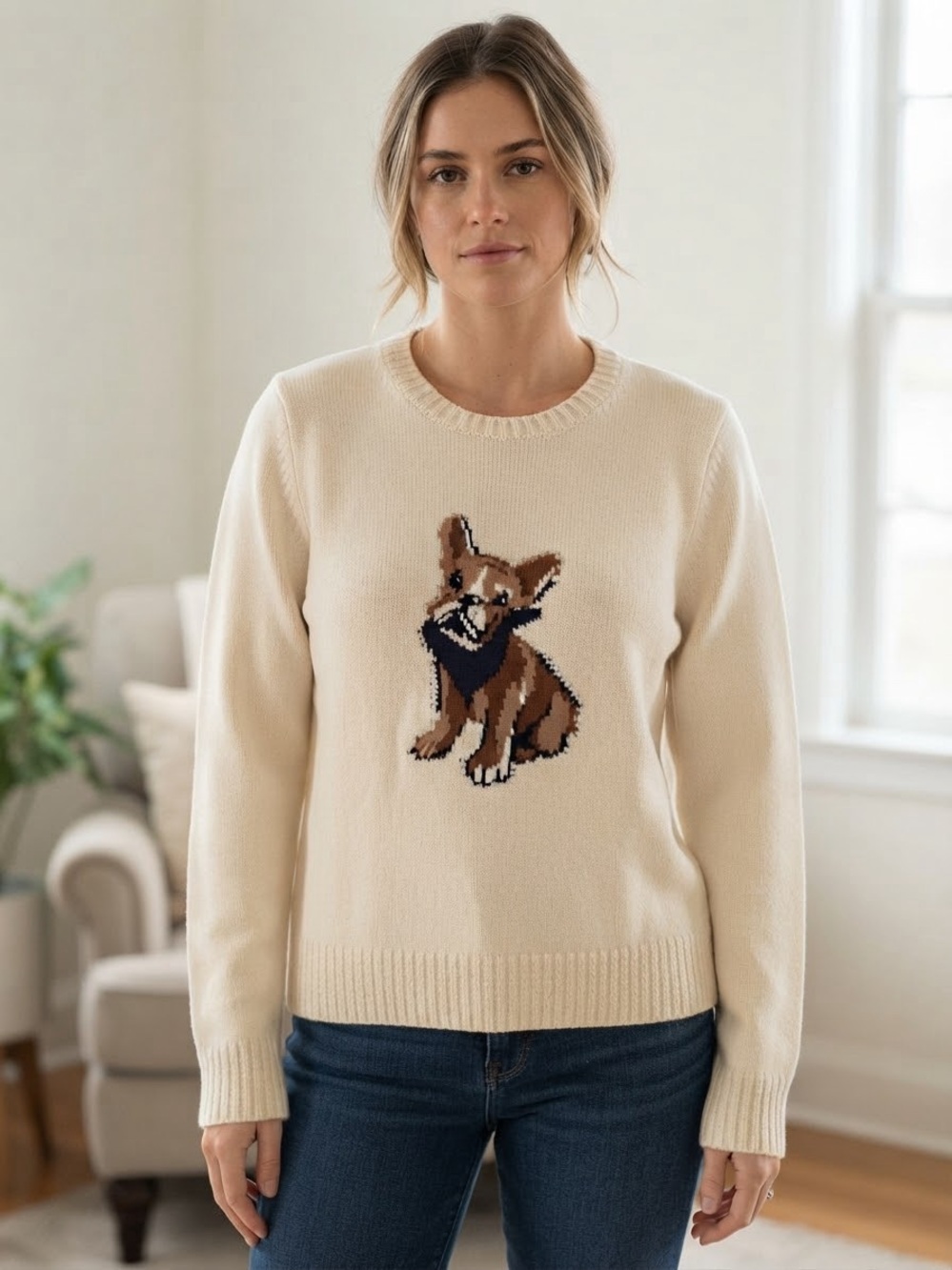 Sweet Halo French Bulldog Graphic Knit Cotton Sweater Cream Cute Dog Sz L